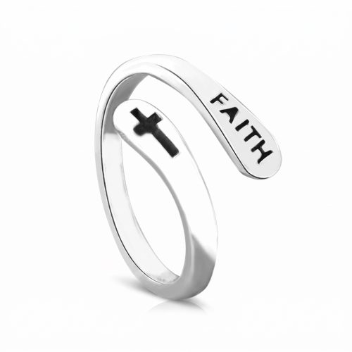 Zilveren christelijke ring met kruisje en het woord Faith