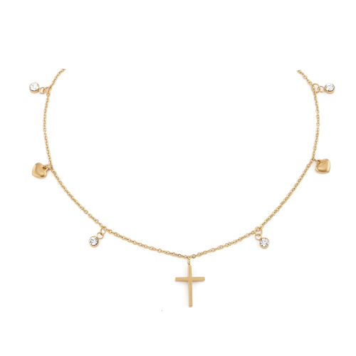 Productfoto van korte gouden ketting met kruis en hartjes