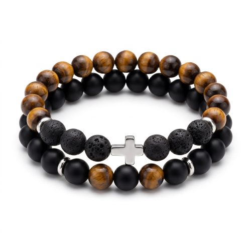 Christelijke natuurstenen armbandenset met kruis op witte achtergrond