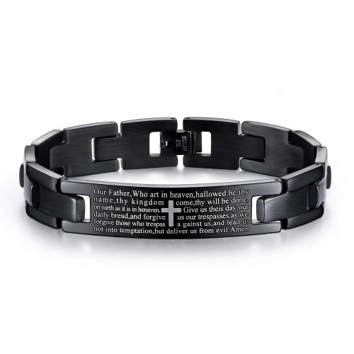 Zwarte christelijke herenarmband met Onze Vader-gebed op witte achtergrond