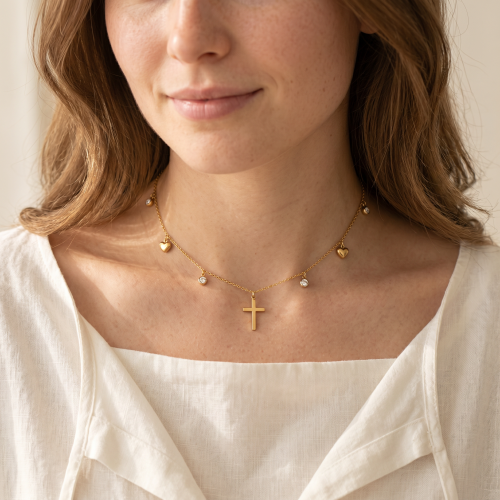 Alternative view of Ketting met kruis en hartjes - Goud