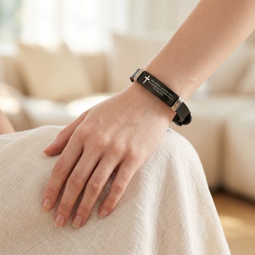 Unisex armband met bijbeltekst Spreuken 4:23, lifestyle sfeerbeeld