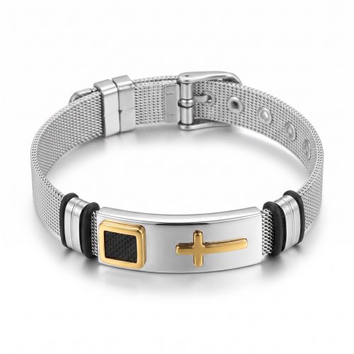 Christelijke herenarmband van staal met kruis op witte achtergrond