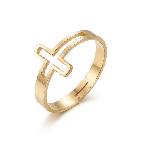 Goudkleurige verstelbare christelijke ring met kruis op witte achtergrond