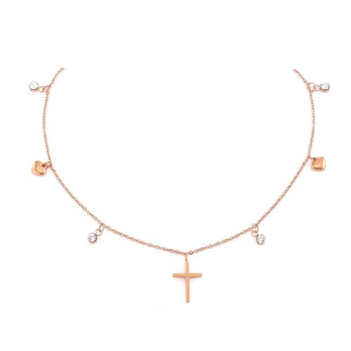 Rosé gouden ketting met kruis en hartjes - productfoto