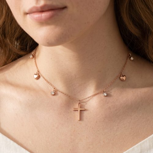 Alternative view of Ketting met kruis en hartjes - Rosé goud