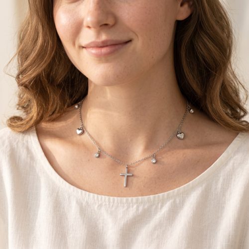 Alternative view of Ketting met kruis en hartjes - Zilver