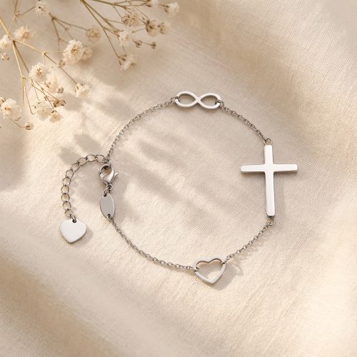 Zilveren armband met kruisje, infinity-symbool en open hartje