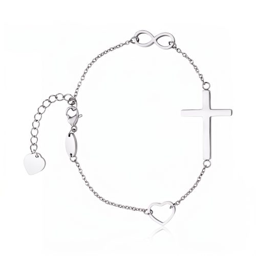 Christelijke schakelarmband met kruis, infinity en hart op witte achtergrond