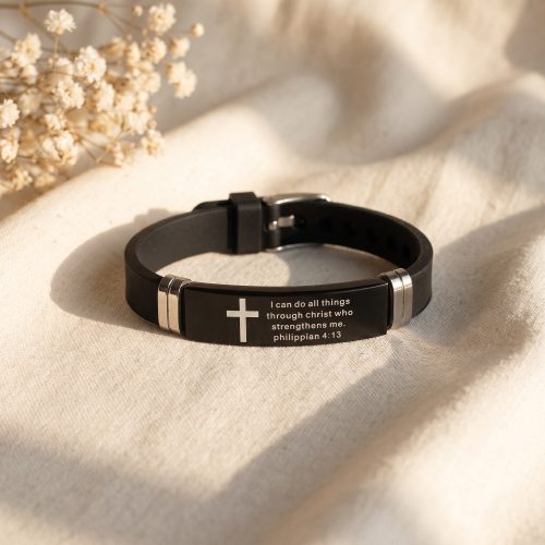 Unisex armband met bijbeltekst Filippenzen 4:13, zwart plaatje