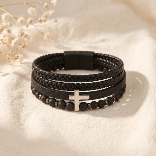 Zwarte leren heren wikkelarmband met kruis en lavasteen