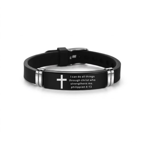 Unisex christelijke armband met bijbeltekst Filippenzen 4:13 op witte achtergrond