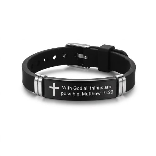 Unisex christelijke armband met bijbeltekst Mattheüs 19:26 op witte achtergrond