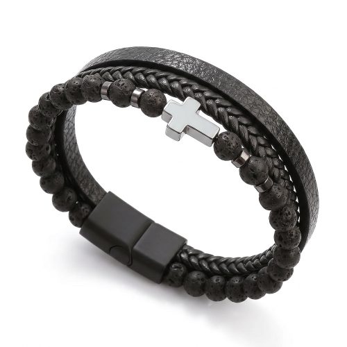 Zwarte heren wikkelarmband met kruis op witte achtergrond